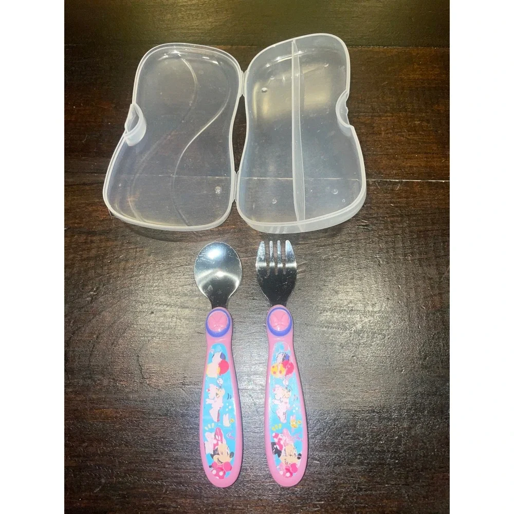 Disney Minnie Mouse Toddler Utensil Set Spoon Fork Travel Case Pink‎ Blue